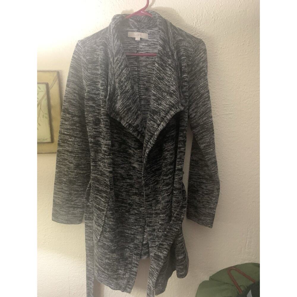 Loft Black White Marl Belted Cardigan Sweater Sz LRg Pockets Business Dressy
